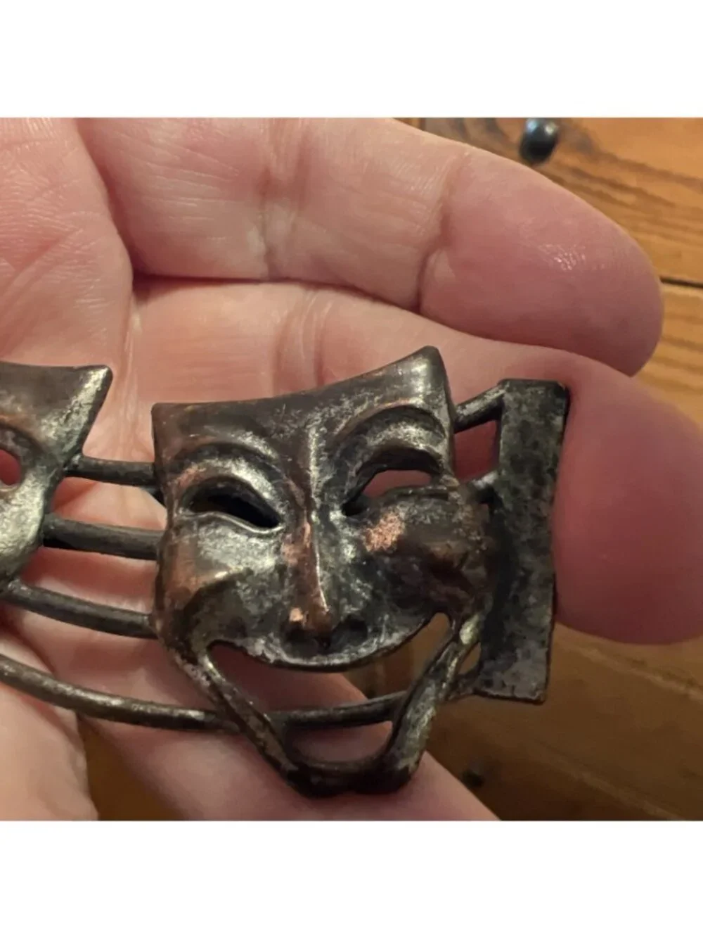 Vtg Greek Comedy Tragedy Theater Masks Brooch Antiqued Bronze Tone 3.5